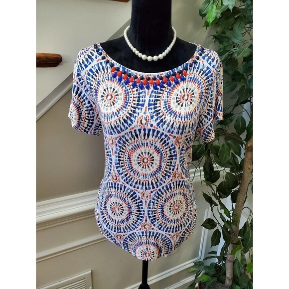 Ruby Rd. Women's Blue Rayon Round Neck Short Sleeve Casual Top Blouse Size PL - Picture 2 of 11